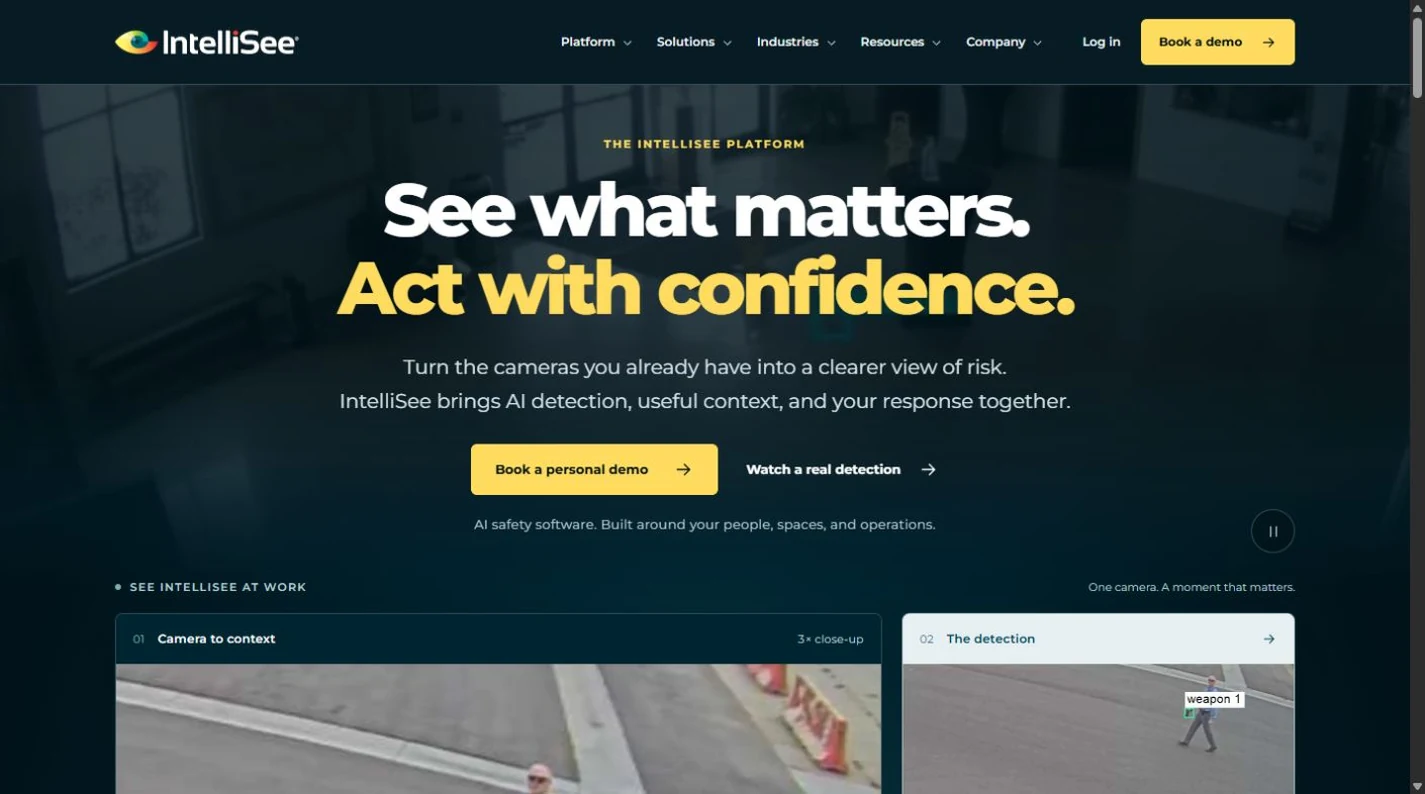 IntelliSee’s homepage connects its AI safety offer to a camera demonstration and a request-demo action.