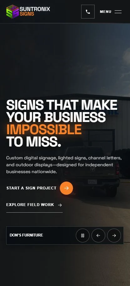 The Suntronix Signs website on a phone.