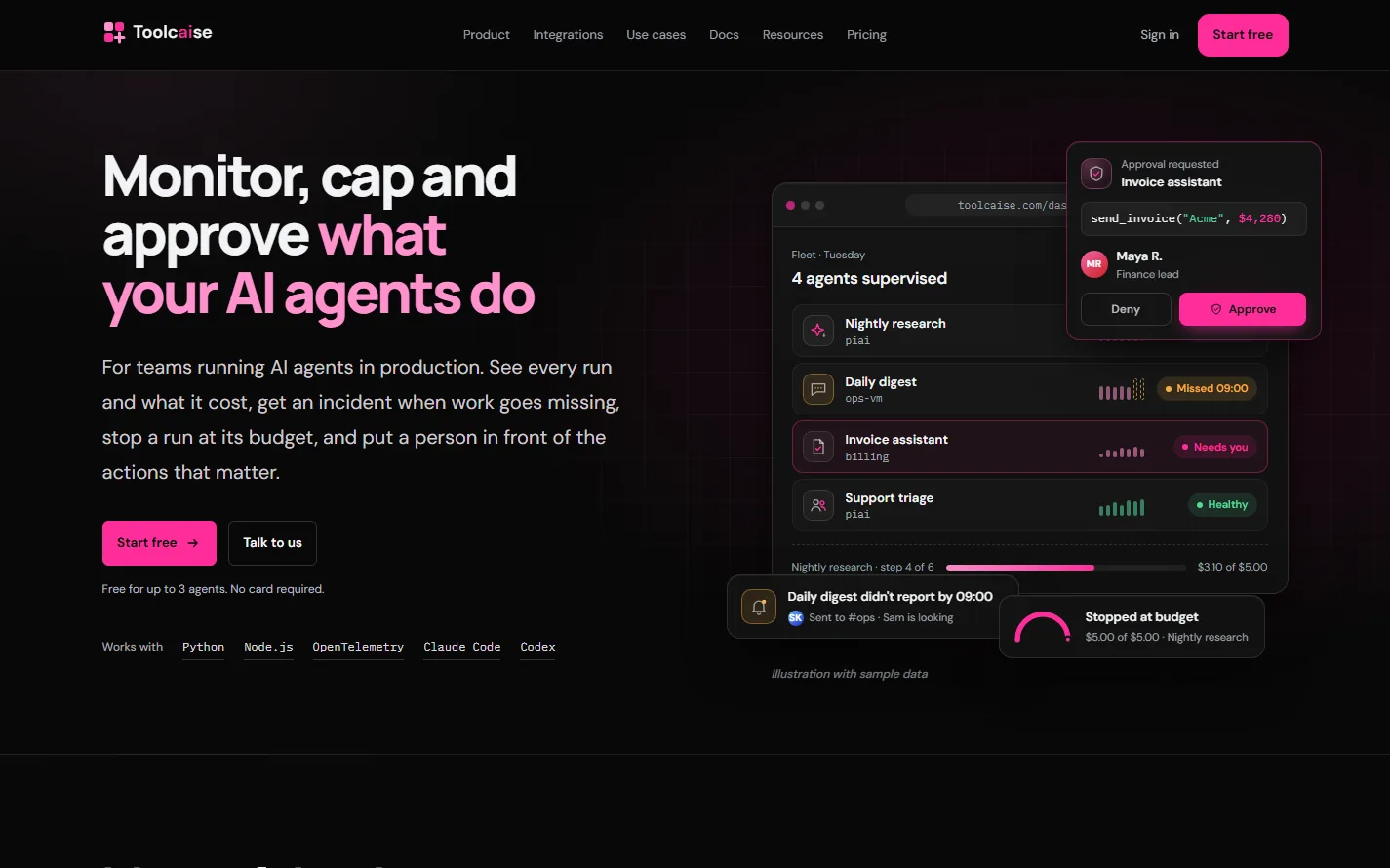 Toolcaise’s homepage pairs “Monitor, cap and approve what your AI agents do” with an illustrated fleet dashboard.
